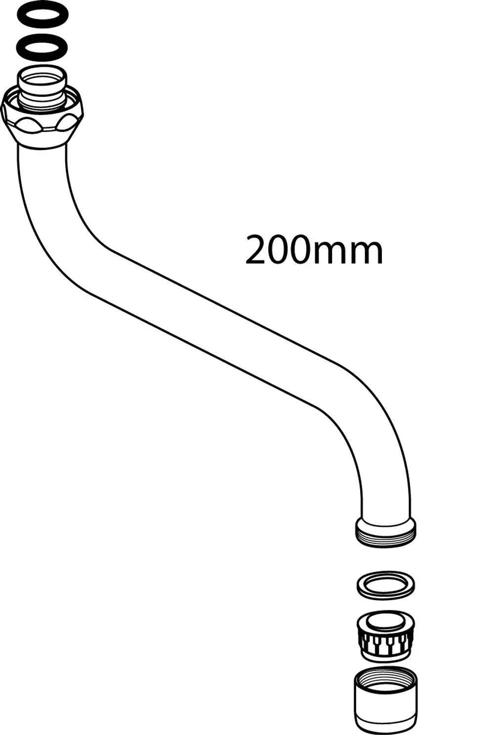 Ablaufsystem von Ideal Standard, bestehend aus einem gebogenen Rohr und verschiedenen Fittings. Auf einer Seite mit Gewindeanschluss und Dichtungsringen.